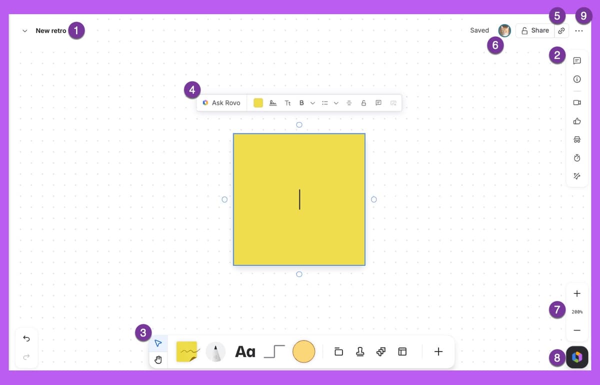 Confluence whiteboard with a sticky note, editing toolbar, sharing controls, and Ask Rovo.