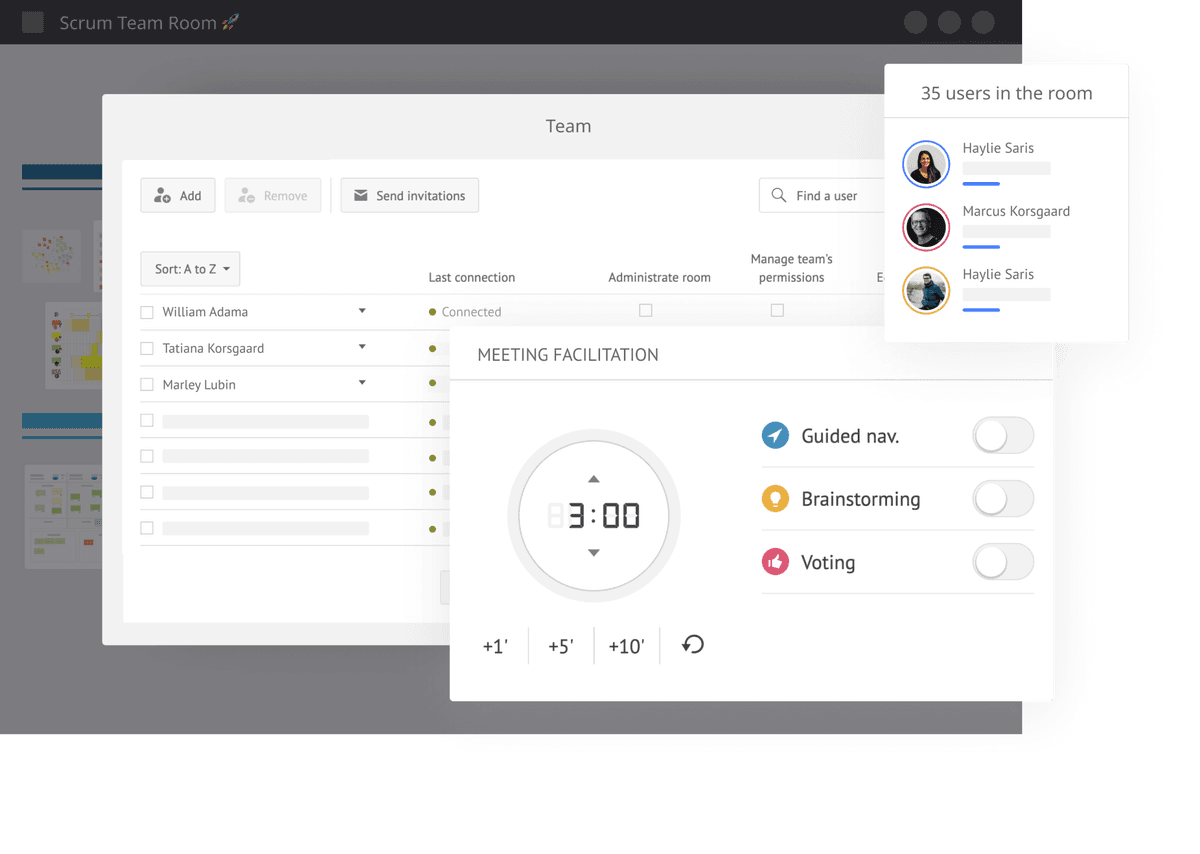 iObeya Scrum Team Room with board previews and meeting facilitation controls.