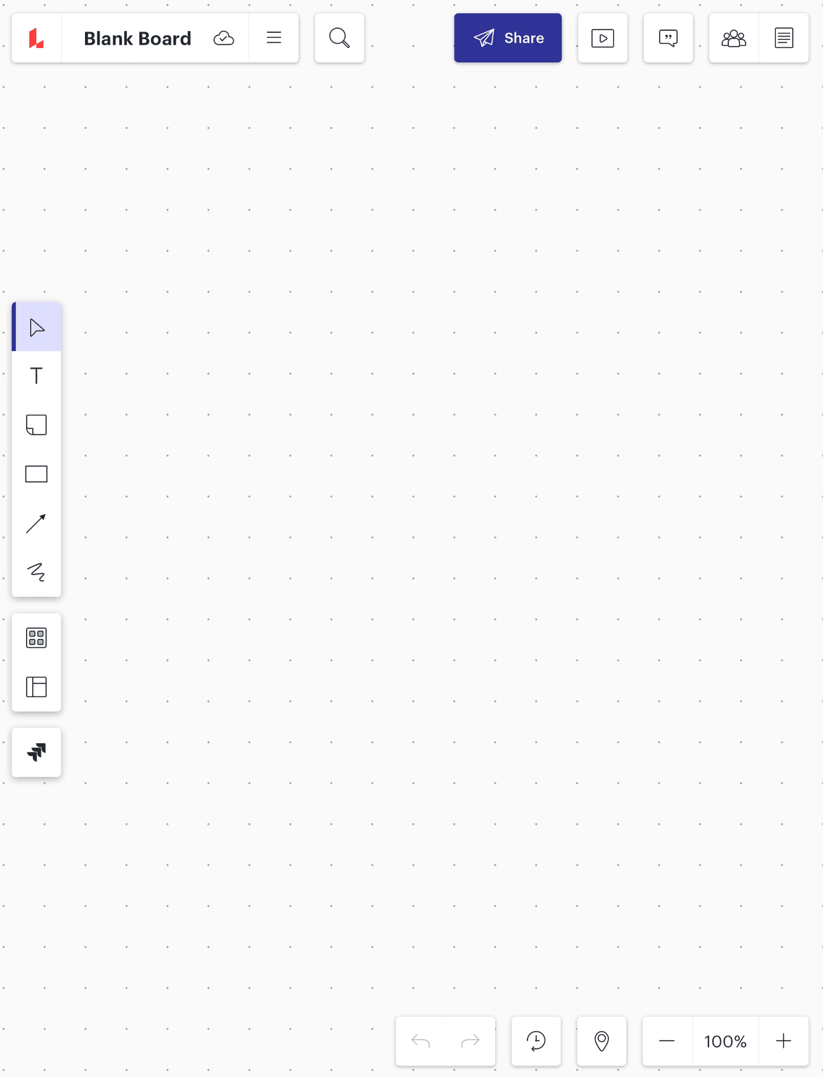 Lucidspark mobile blank board with sharing and drawing controls visible.