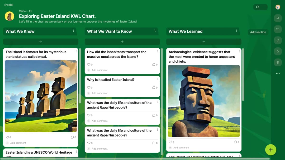 Padlet classroom KWL board with three sections and student posts.