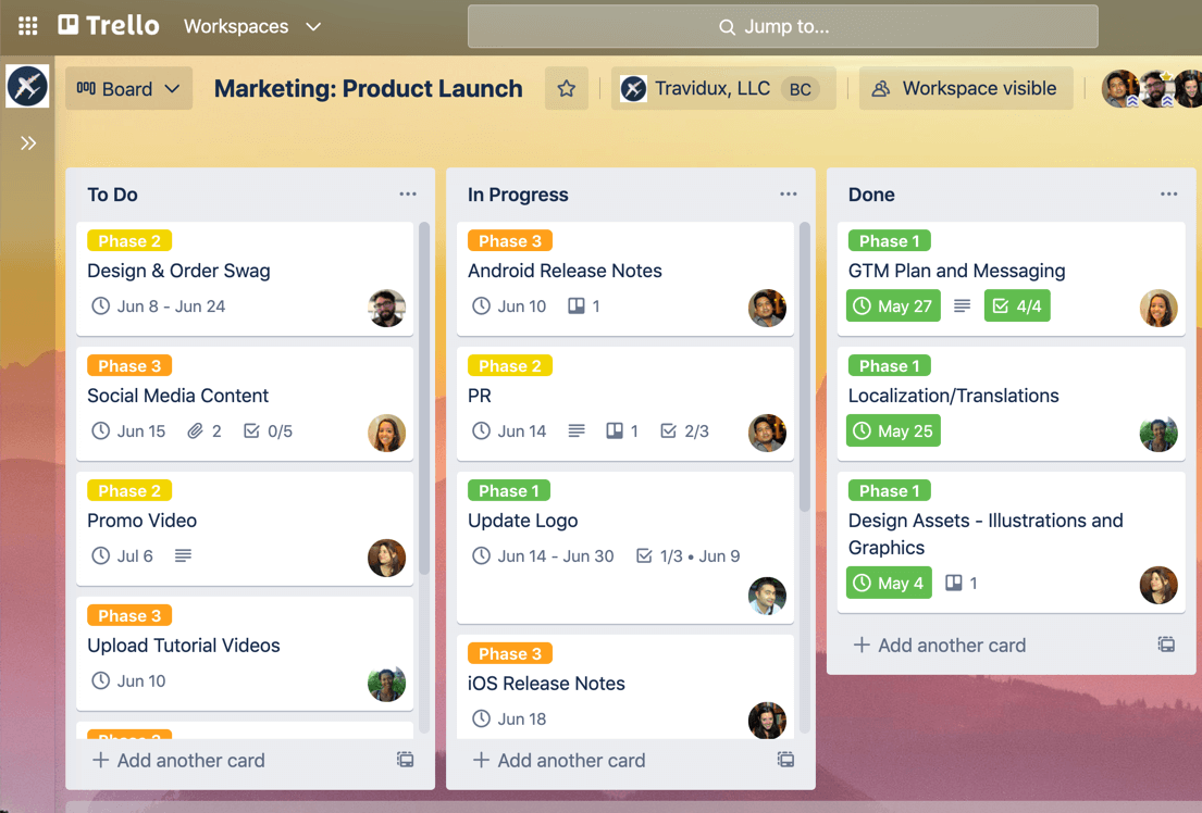 Trello board with To Do, In Progress, and Done lists and project cards.