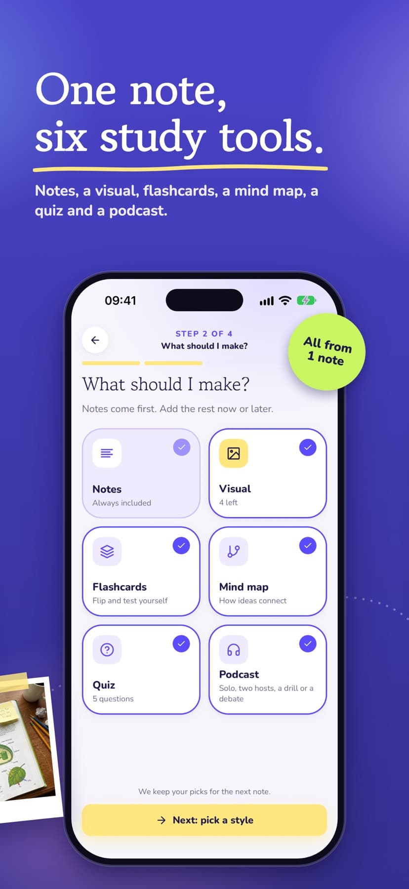 VisualNote AI App Store screen showing six study tools offered from one note.