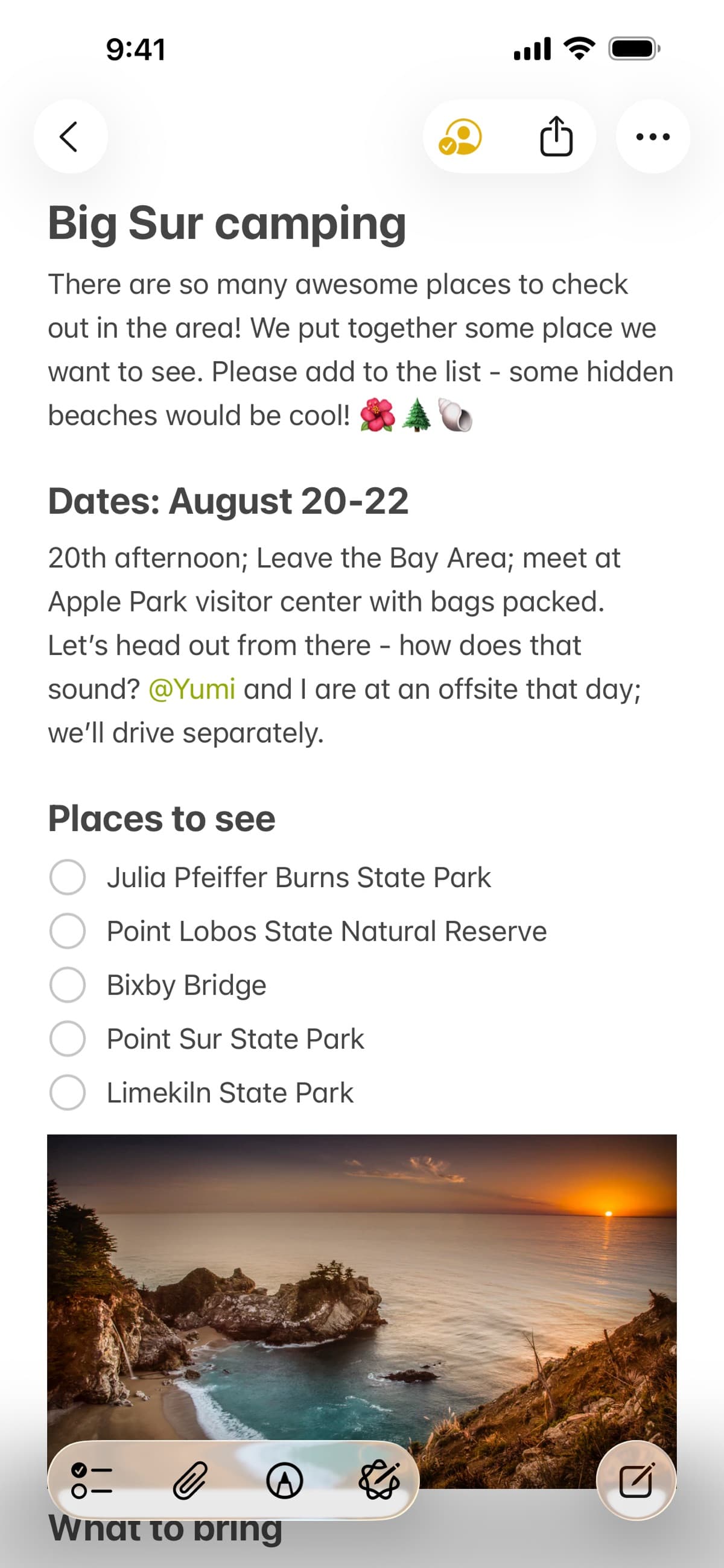 Official Apple Notes iPhone screenshot with headings, a collaborator mention, checklist, photo, and attachment and drawing controls.