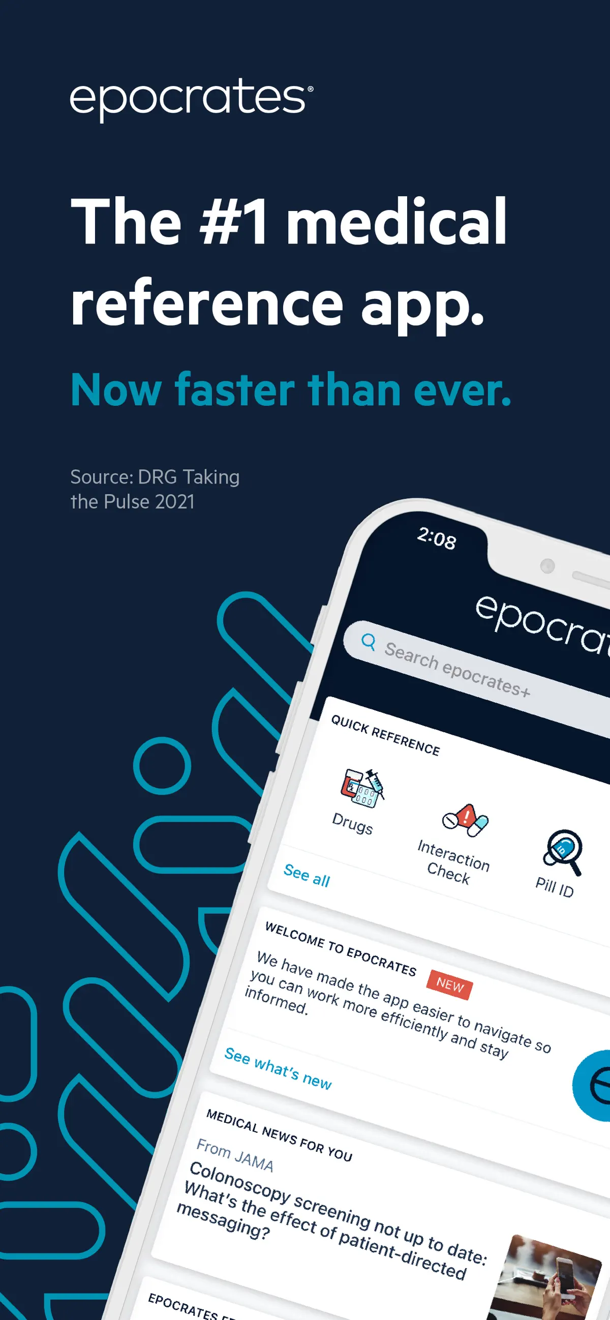 Official Epocrates App Store screenshot showing the drug reference home screen and clinical lookup tools