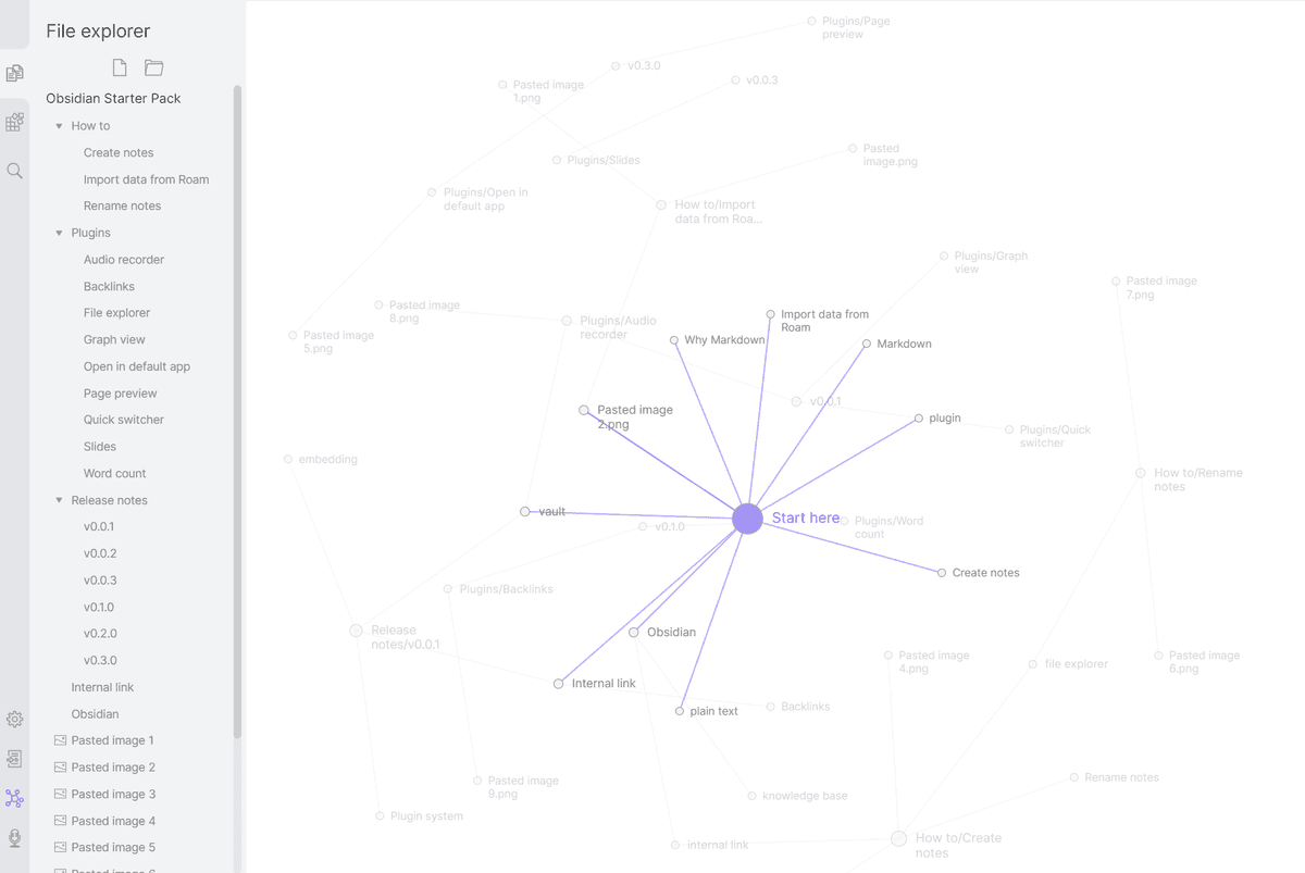 Official Obsidian graph view screenshot showing linked notes as connected nodes in a local vault