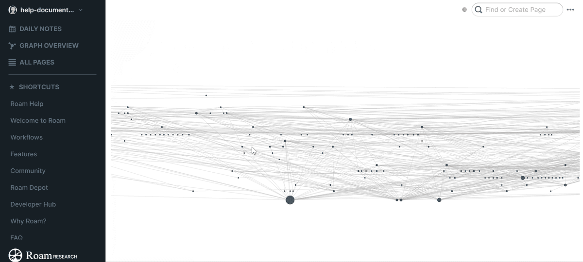 Roam Research graph overview with linked pages and the graph navigation sidebar.