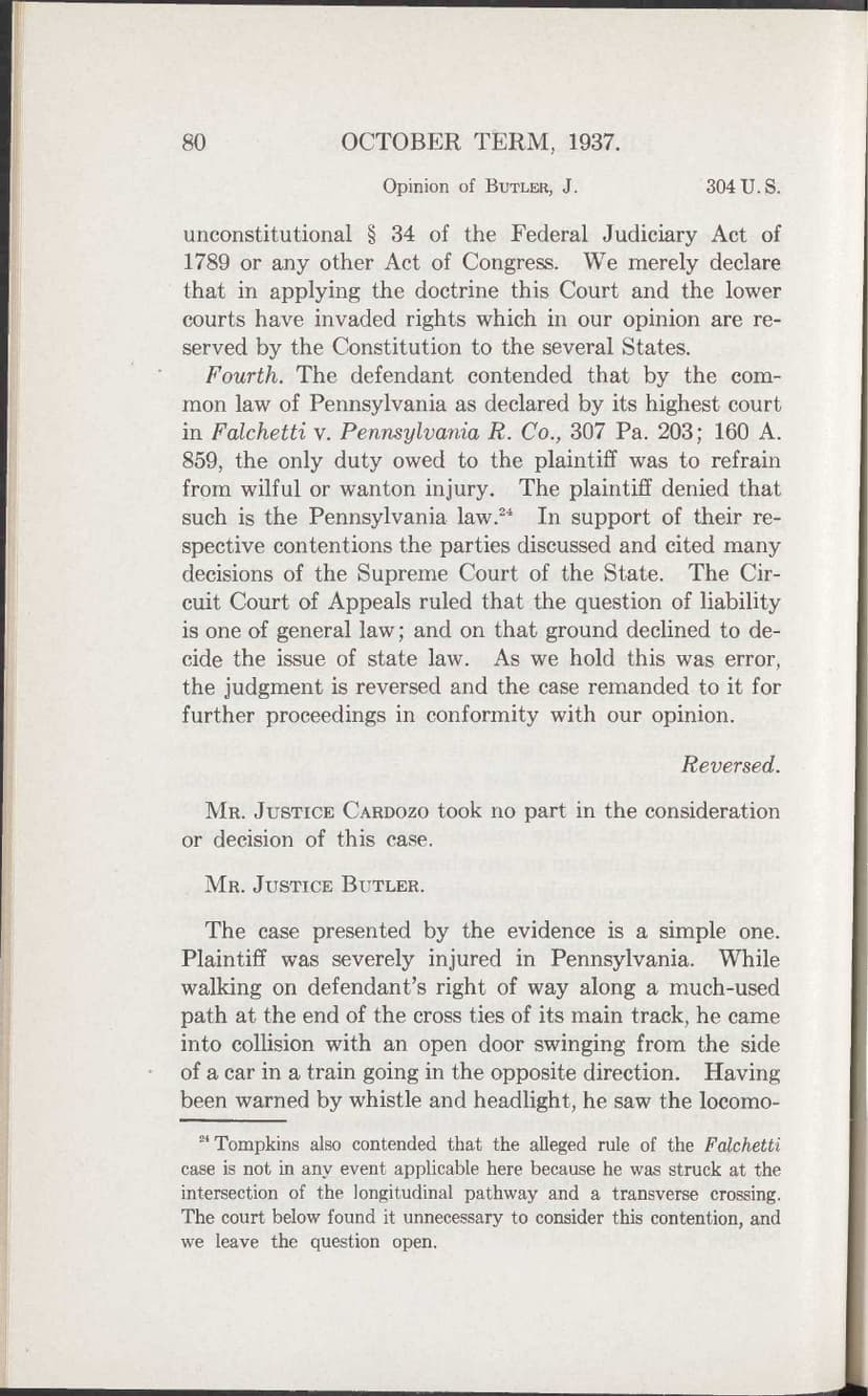 Printed page 80 of the Erie opinion, showing reversal, remand, and the start of Justice Butler’s separate opinion
