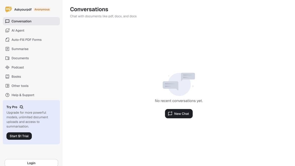AskYourPDF Conversations page showing a New Chat entry point with no active document.