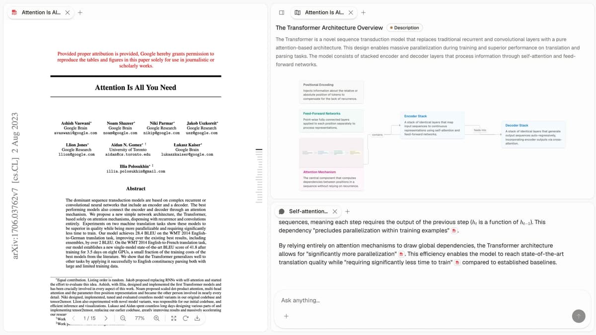 Atlas PDF reader beside a source map and cited answer for checking a research paper