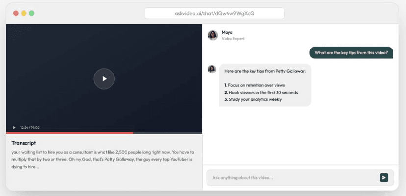 AskVideo homepage demo panel showing a YouTube video beside transcript text, a sample question and answer, and a chat input.
