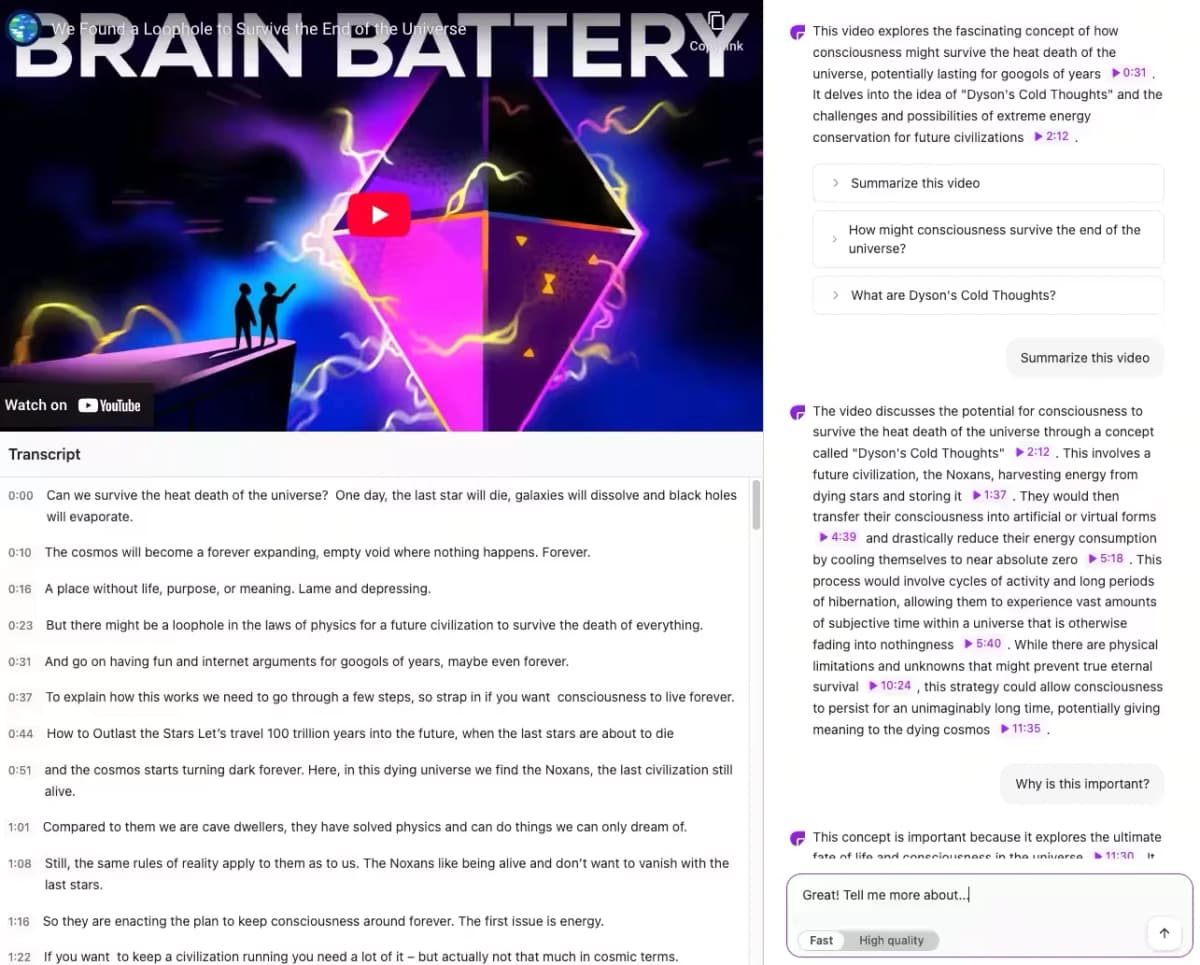 ChatPDF YouTube chat showing a video, interactive transcript, and timestamped answers in adjacent panels.