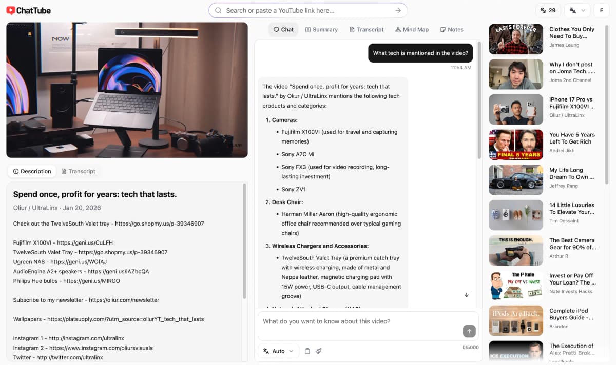 ChatTube interface showing a YouTube video beside transcript controls, chat, and suggested videos.