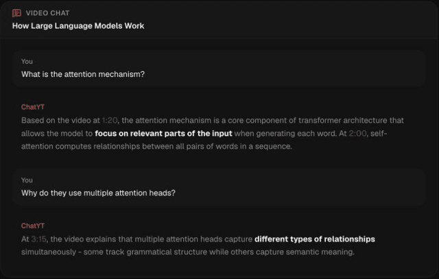 ChatYT public example card showing two questions about a video and two answers with timestamps.