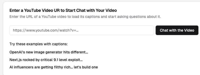 TranscribeTube's public tool form asks for a YouTube video URL and offers caption-backed example videos before starting chat.