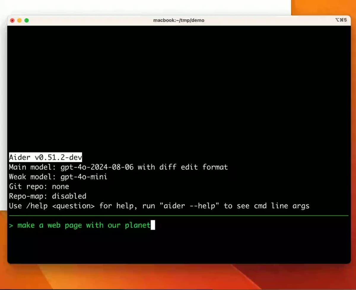 Official Aider terminal demo showing the CLI prompt and model configuration in a local shell