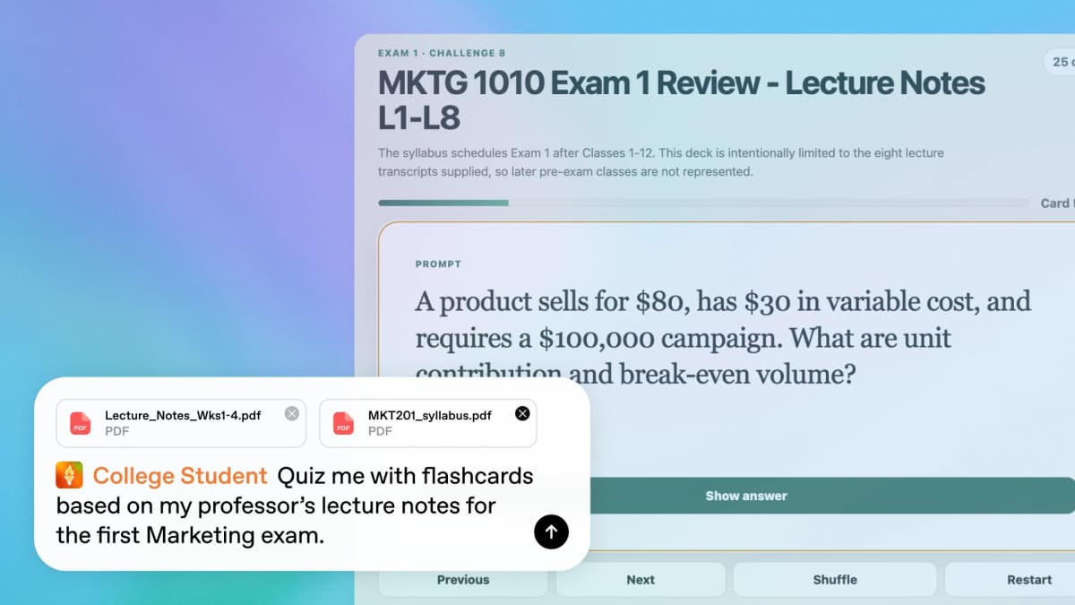 OpenAI's ChatGPT Student example with course PDFs attached, a flashcard prompt, and a practice question.