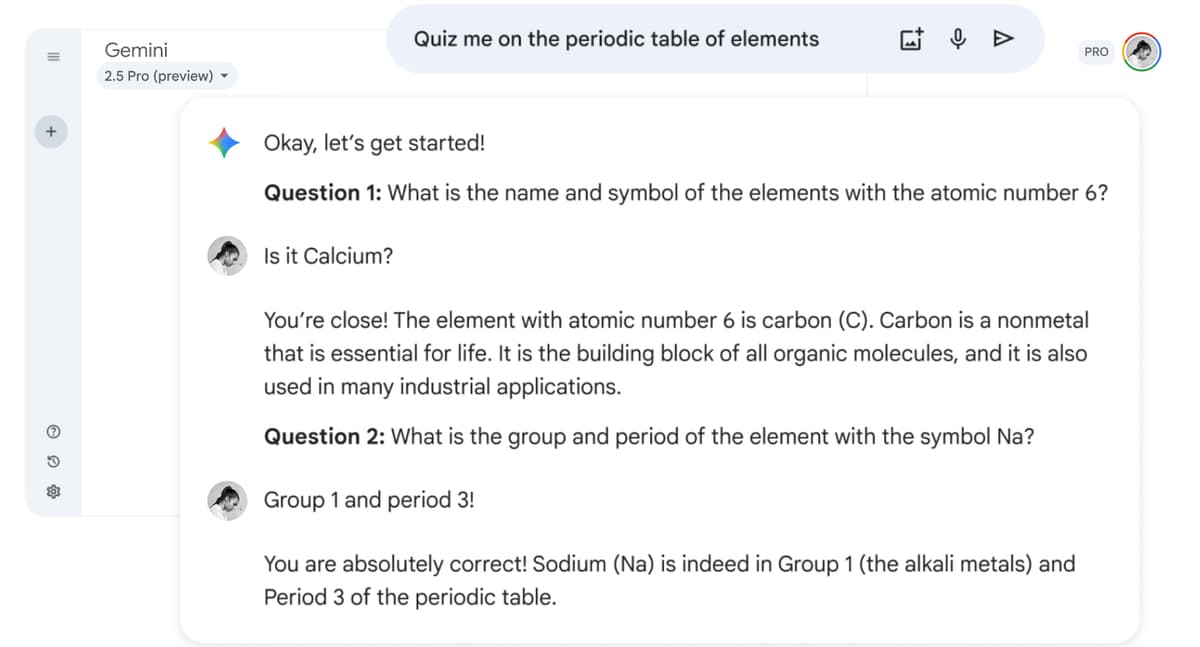 Gemini practice quiz asking questions about the periodic table and responding to a student's answers.
