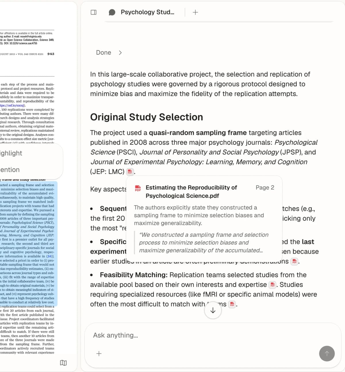 Atlas shows an answer beside a highlighted passage and citation card from a 2015 psychology paper.