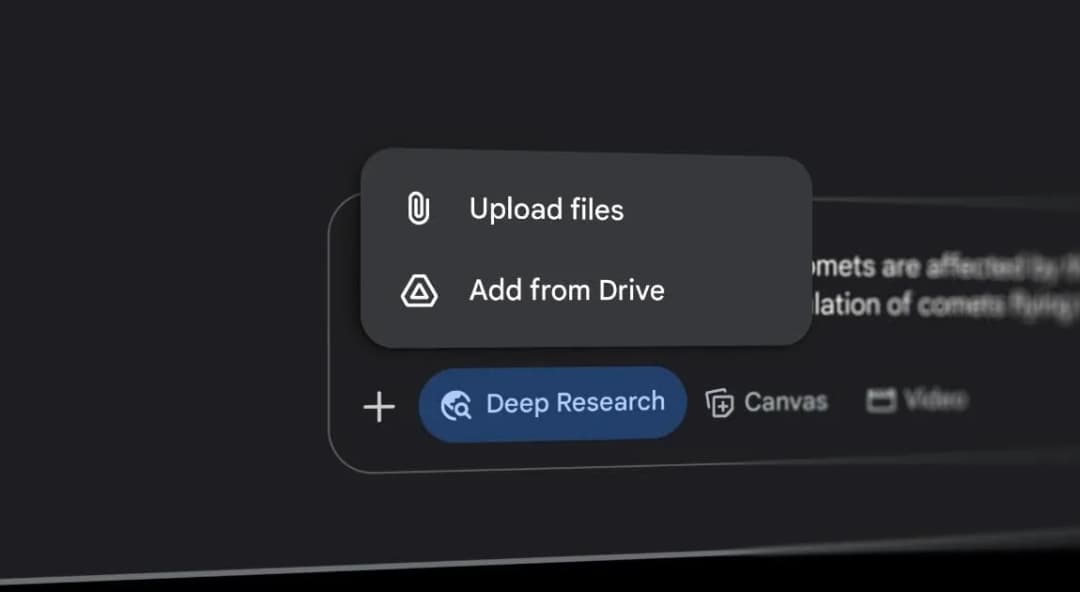 Gemini app Deep Research mode selected beside the open menu for uploading files or adding files from Drive.