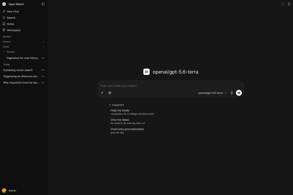 Open WebUI workspace with model selector, navigation, prompt suggestions, and chat composer.