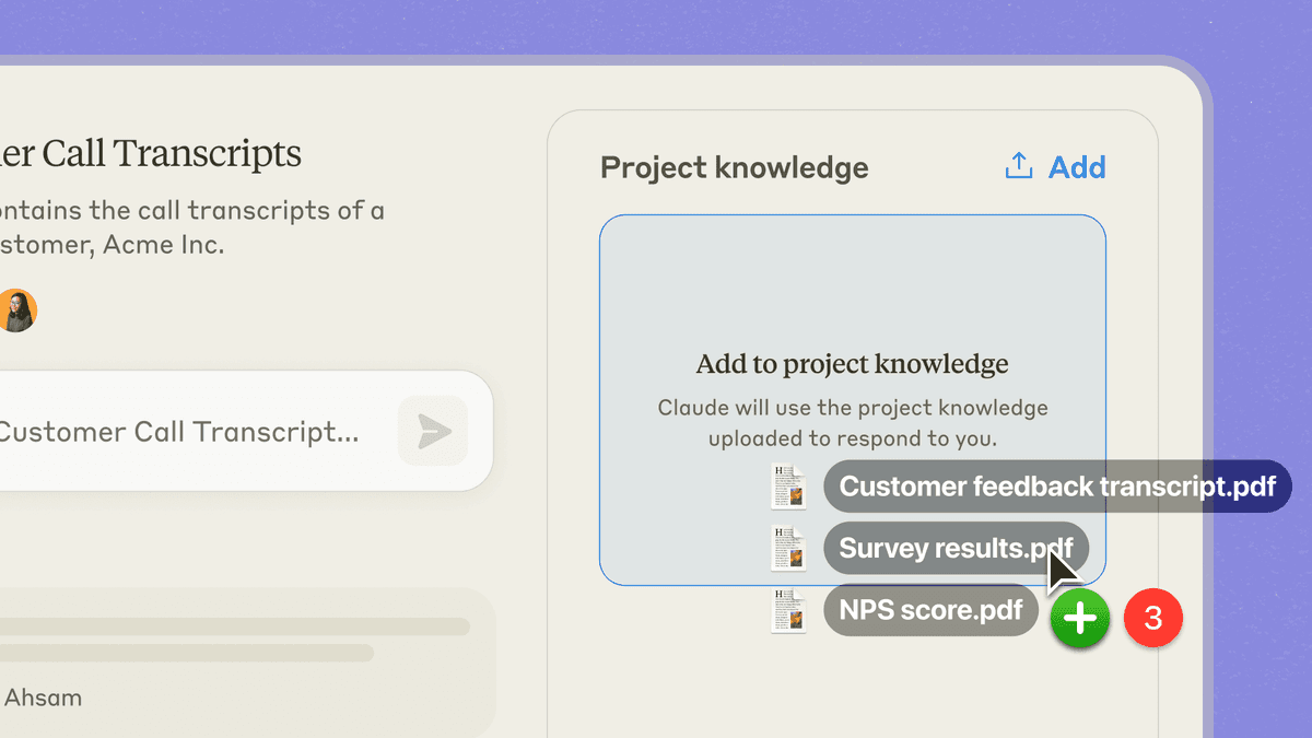 Claude project knowledge upload surface showing source material added to a Claude workspace