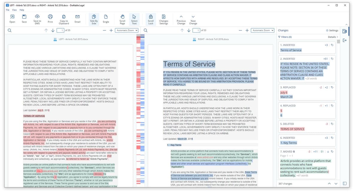 Draftable side-by-side document comparison interface showing redline changes and a change list panel.