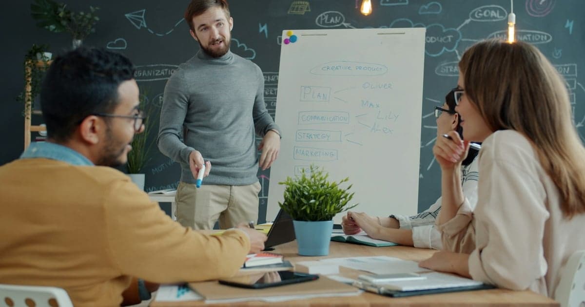 A team discusses a sketched product strategy around a whiteboard.