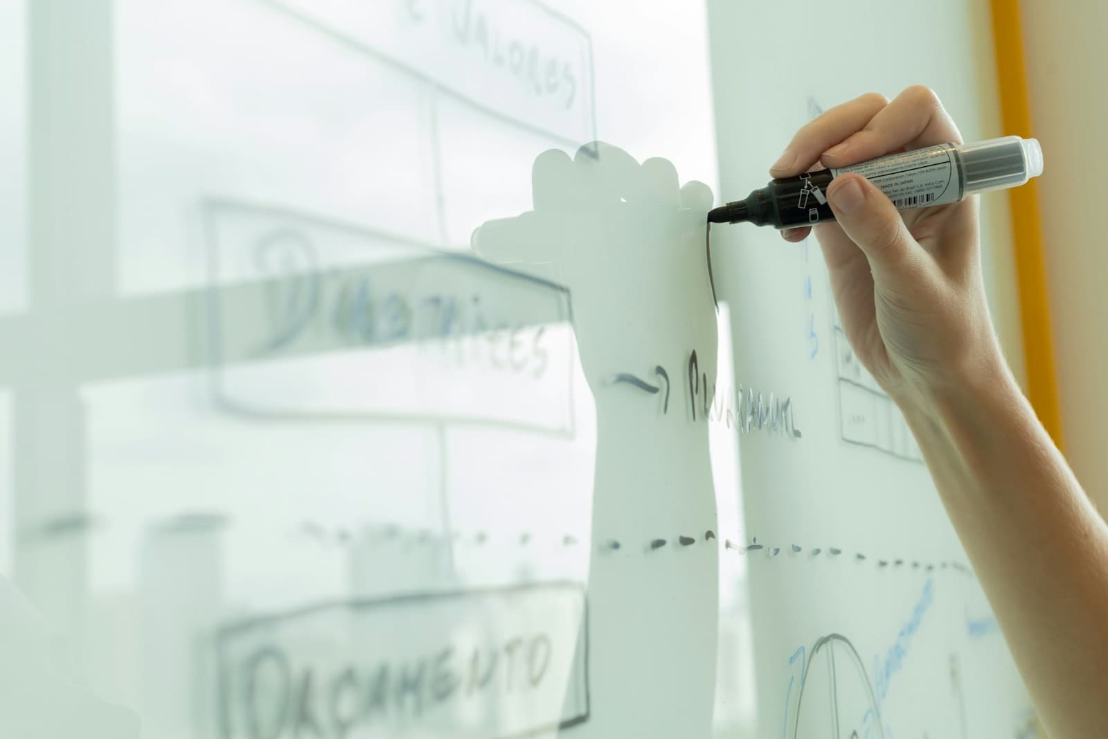 A hand draws a diagram on a whiteboard.