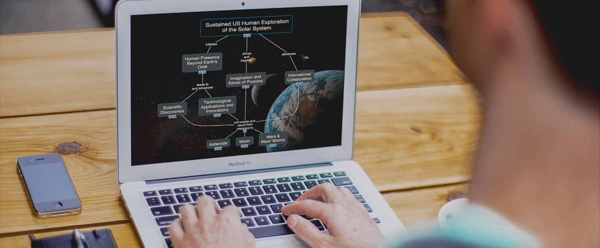 CmapTools on a laptop with a concept map showing labeled relationships such as initiates, drives and inspires, and advances.