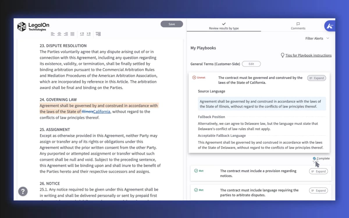 LegalOn My Playbooks interface showing contract text, alerts, and review guidance