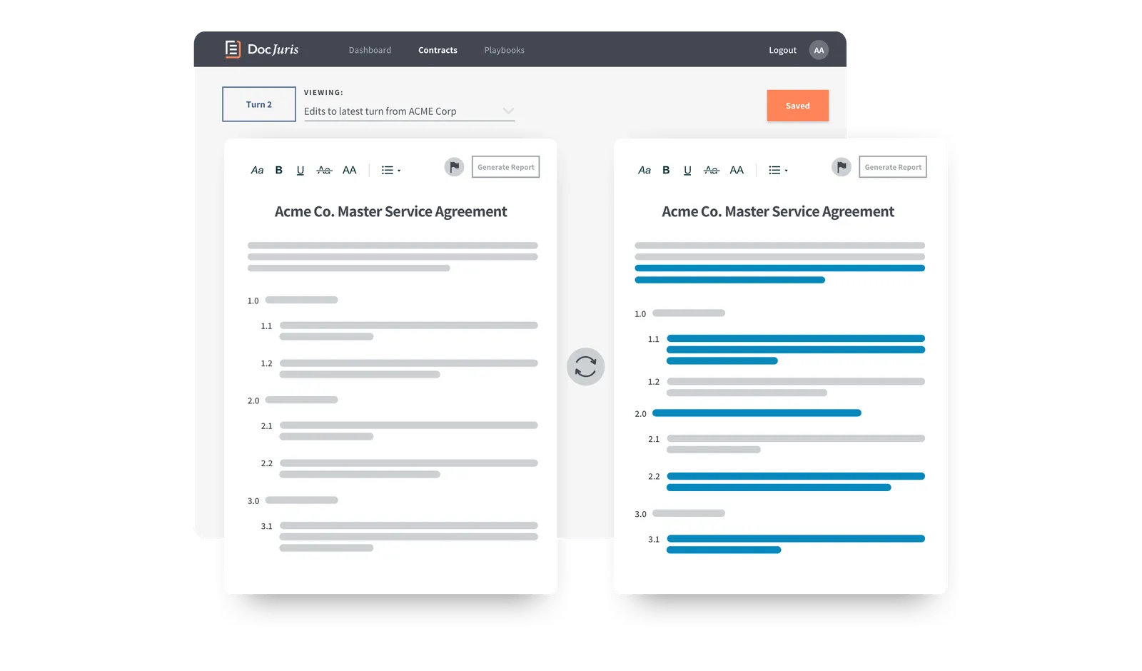Official DocJuris contract comparison view showing a redline with tracked clause changes.