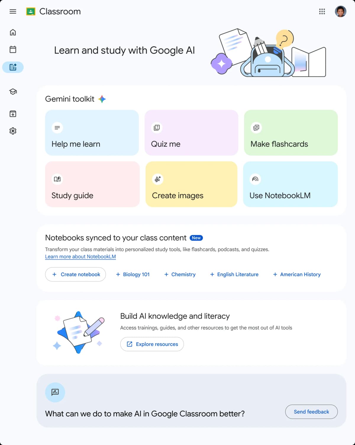 Google Classroom study interface with Gemini options for learning help, quizzes, flashcards, and study guides.