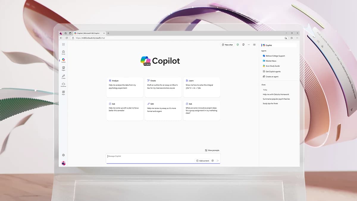 Microsoft Copilot Chat interface with education-oriented prompt examples.