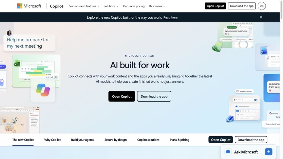 Microsoft Copilot work page with illustrative Word, Excel, and meeting assistant panels.