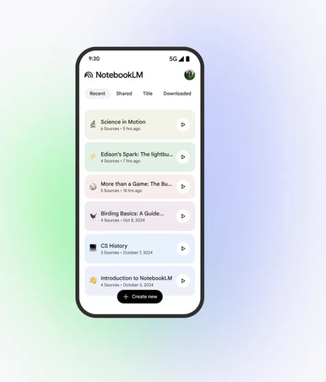 NotebookLM mobile app showing six recent notebooks, source counts, and the Create new control.