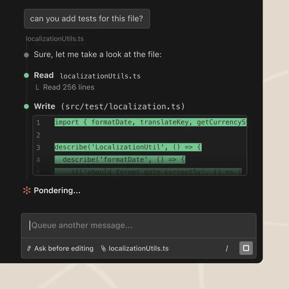 Claude Code in VS Code reading a source file and writing a test file.