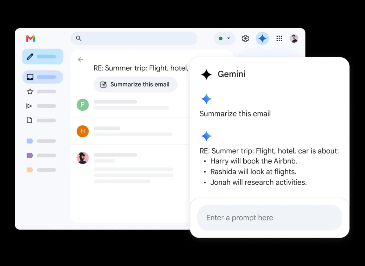 Gemini in Gmail showing a Gemini panel summarizing a group trip email.