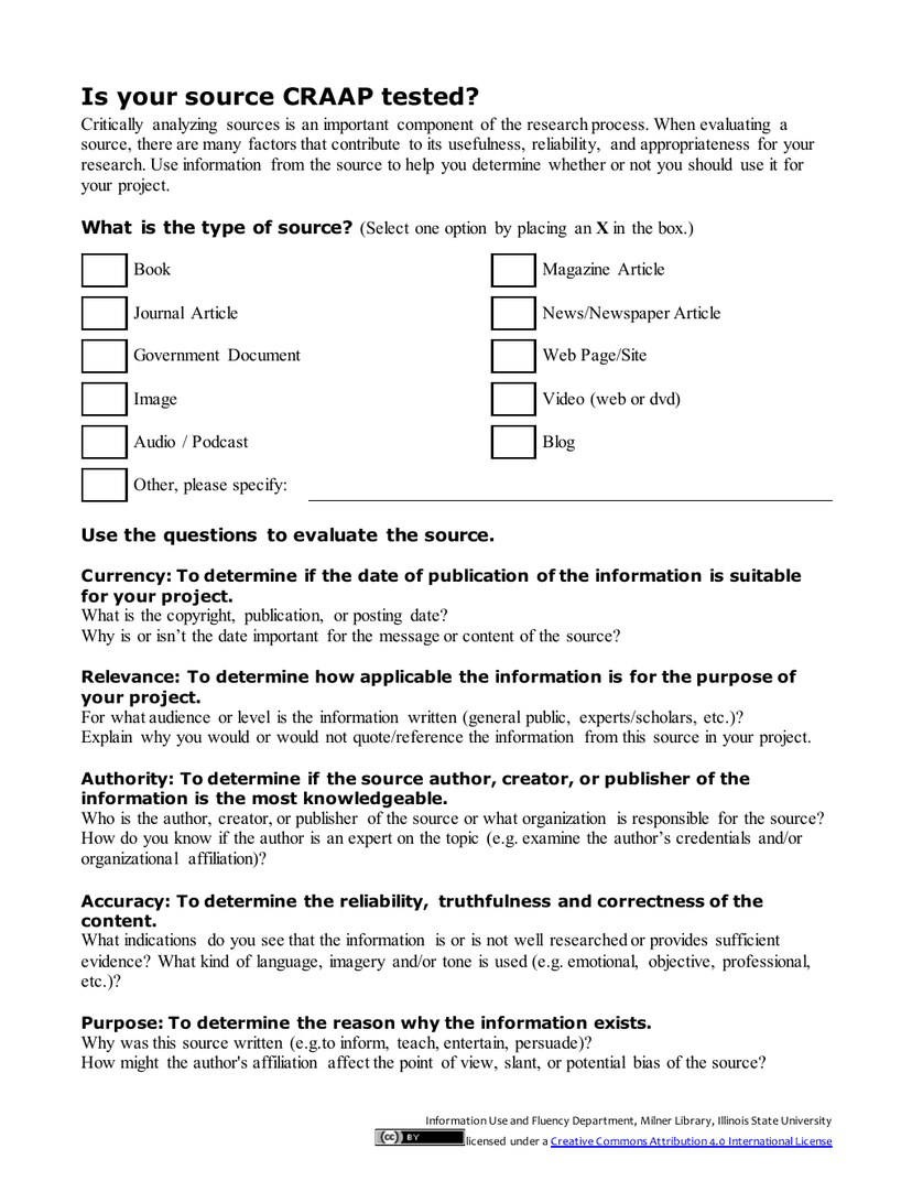 Milner Library worksheet listing Currency, Relevance, Authority, Accuracy, and Purpose with questions for evaluating a source.