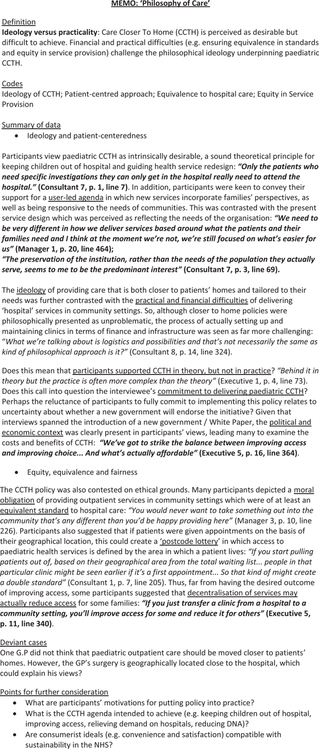 Published healthcare analysis memo with a definition, codes, supporting accounts, deviant cases, and questions for further consideration