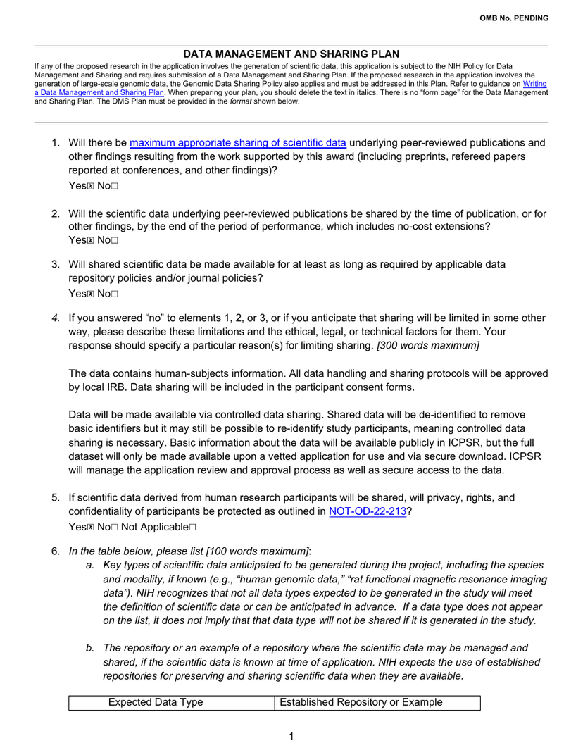 Page one of a published NIH data management and sharing plan example, with sharing decisions, a participant-consent and IRB statement, and a controlled-access description.