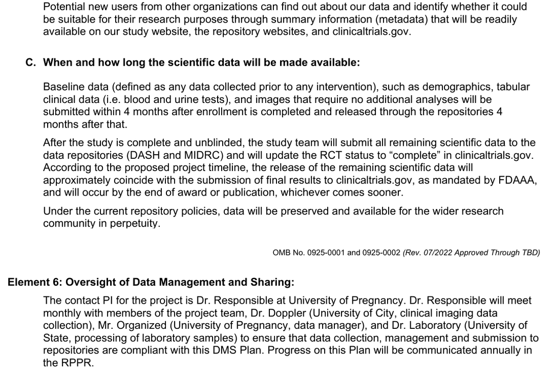 NICHD sample plan excerpt showing planned data-release timing, preservation, and project oversight roles.