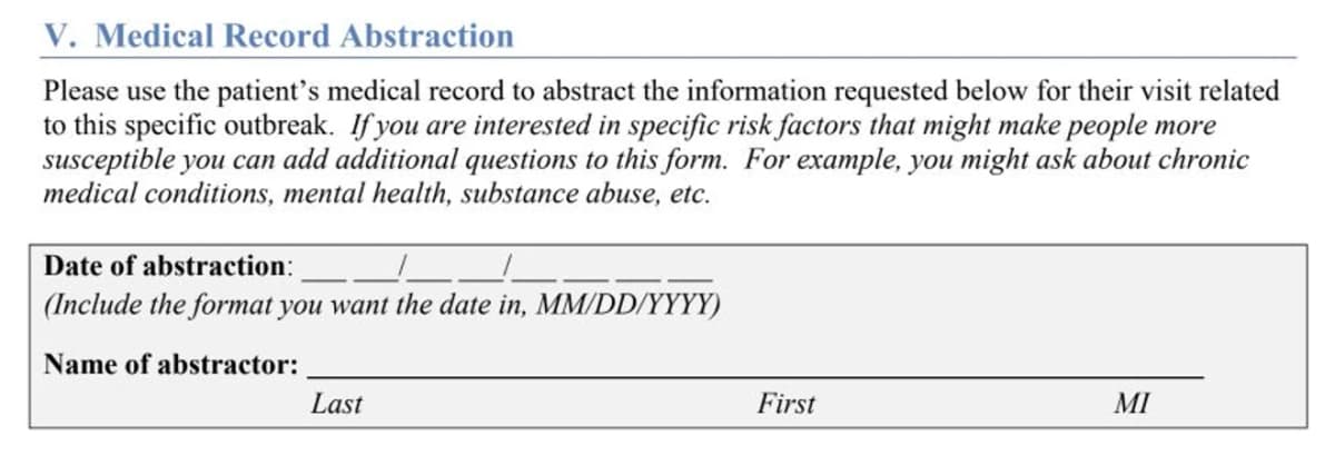 CDC blank medical-record abstraction form explaining that data should be abstracted from a patient's record, with empty date and abstractor fields.