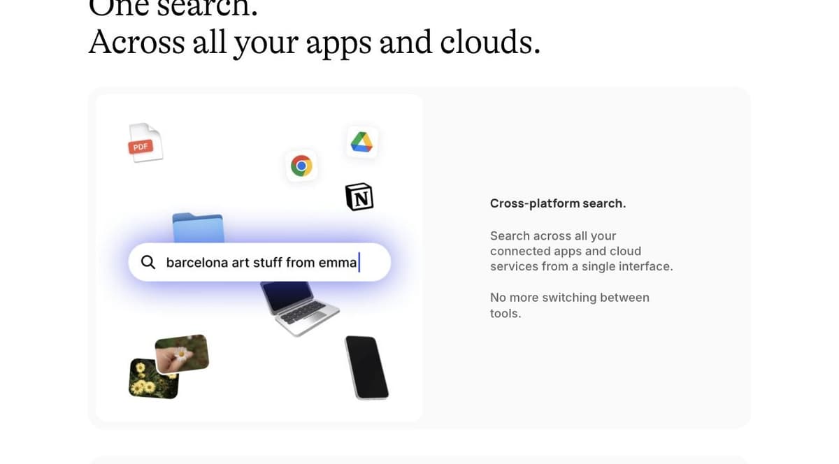 Fabric feature illustration showing a search across connected apps and saved files.
