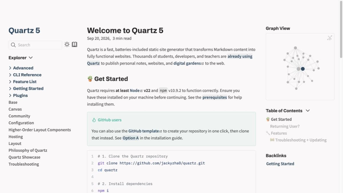 Quartz 5 documentation site showing Explorer navigation, a Graph View, table of contents, and backlinks.