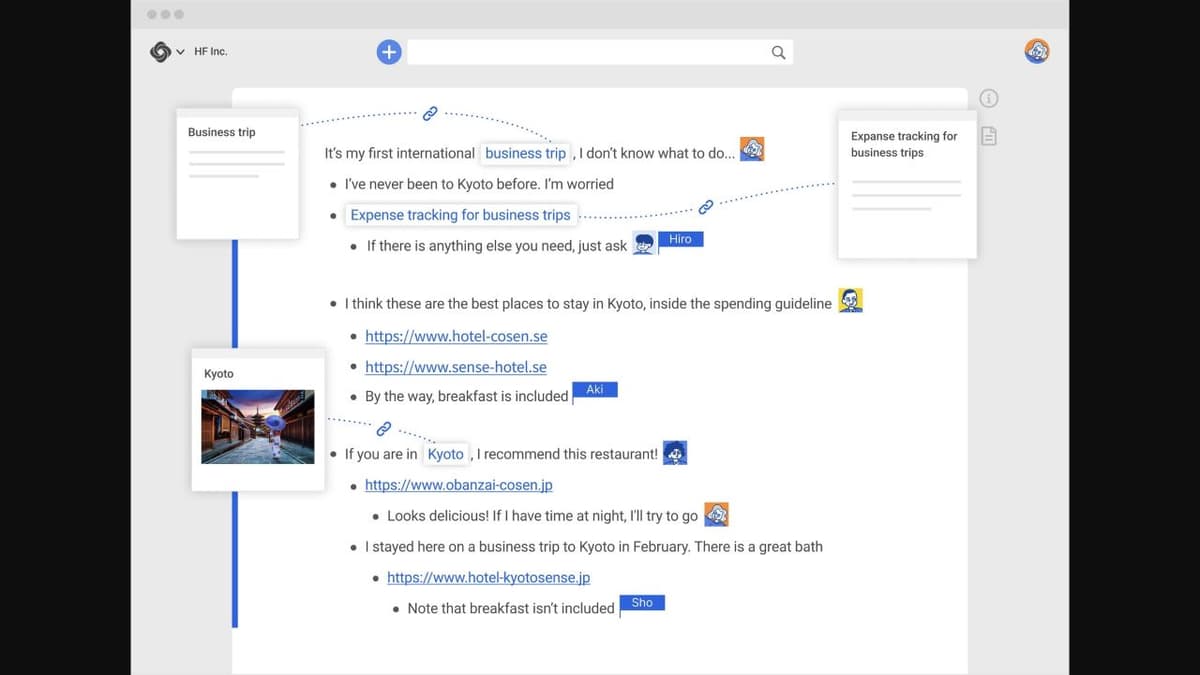 Scrapbox linked-page interface showing inline links, a linked page preview, and shared notes.