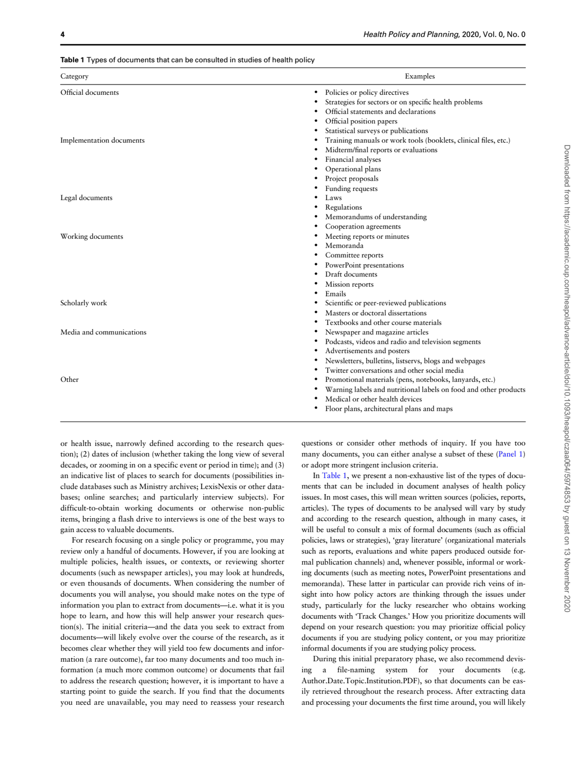 Dalglish, Khalid, and McMahon's CC BY 4.0 READ paper page 4 lists seven document categories and examples for selecting a study's source set.