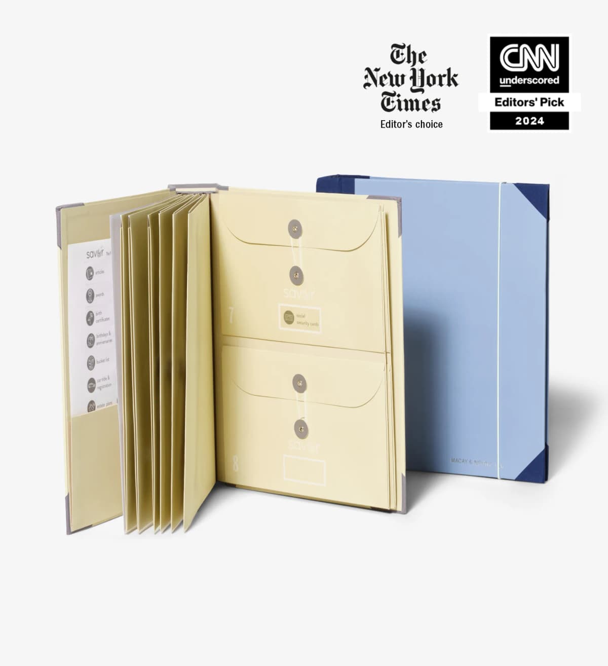 Savor Folio document organizer shown open and closed for household paper storage.