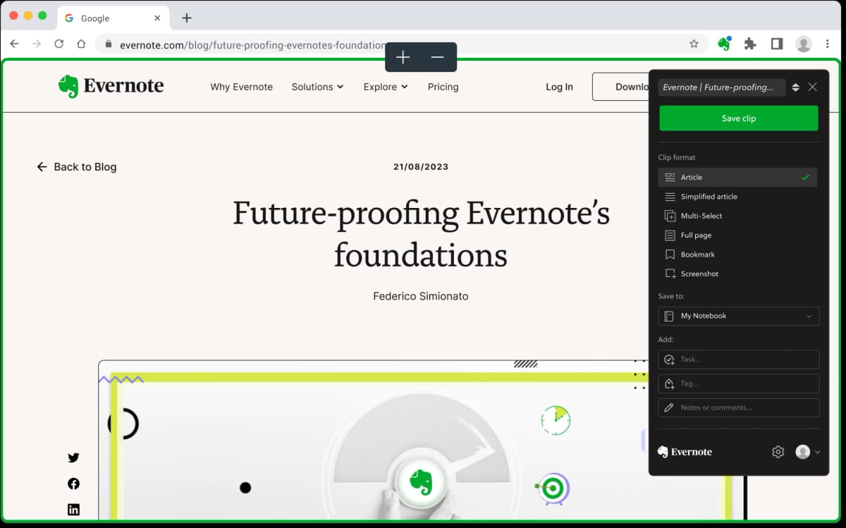 Official Evernote Web Clipper screenshot showing clip formats plus notebook, task, tag, and comment fields before saving