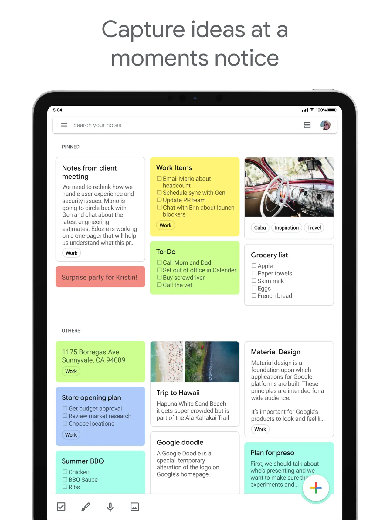 Official Google Keep App Store screenshot showing pinned cards, checklists, labels, image notes, search, and quick capture on iPad