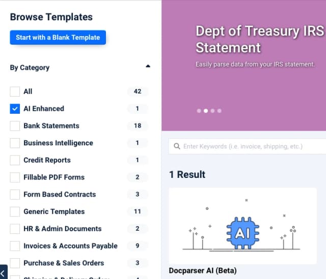 Docparser template library with the AI Enhanced category selected and the Docparser AI beta template card visible.